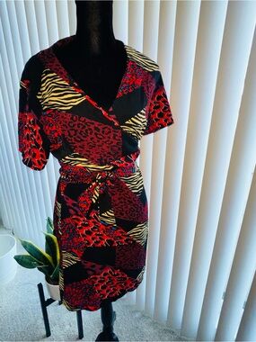 Women's Red & Black Animal-Print Wrap Mini Dress